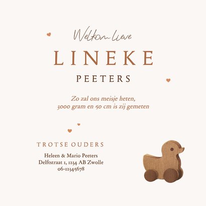 Geboortekaartje vintage loopeend speelgoed hout hartjes 3