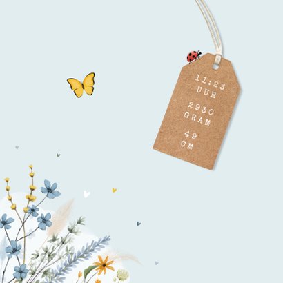 Geboortekaartje vlinder bloemen lief hartjes label 2
