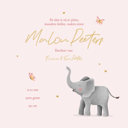 Geboortekaartje vlinders olifantje hartjes goud illustratie 3