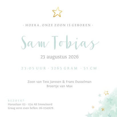geboortekaartje voor een jongen sterren waterverf en goud Achterkant