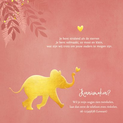 Geboortekaartje voor een meisje Jungle met gouden olifant 2