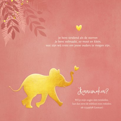 Geboortekaartje voor een meisje Jungle met gouden olifant 2
