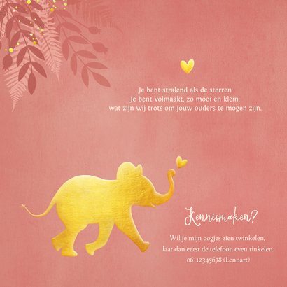 Geboortekaartje voor een meisje Jungle met gouden olifant  2