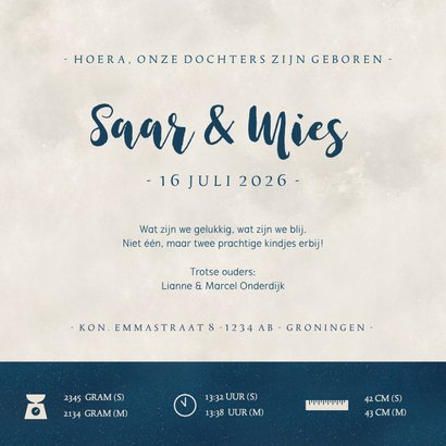 Geboortekaartje voor een meisjes tweeling silhouette in maan 3