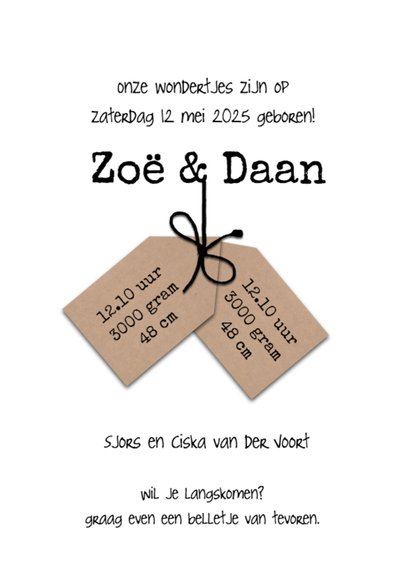 Geboortekaartje voor tweeling met labels 3