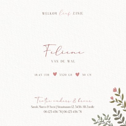 Geboortekaartje voor zusje met beertjes, plantjes & hartjes Achterkant