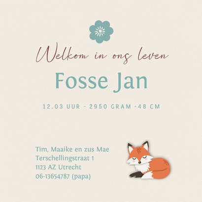 Geboortekaartje vos slaapt met baby jongen 3