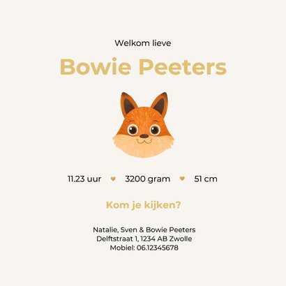 Geboortekaartje vosje schattig hartjes goud unisex 3
