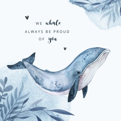 Geboortekaartje walvis blauw water hartjes waterverf 2