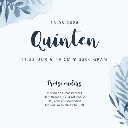 Geboortekaartje walvis blauw water hartjes waterverf 3