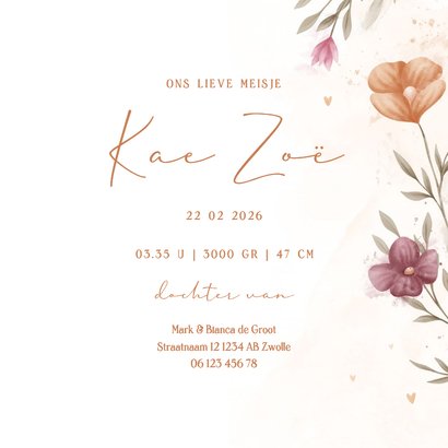 Geboortekaartje waterverf bloemen met koperen hartjes 3