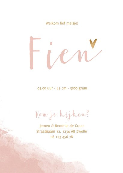 Geboortekaartje waterverf met gouden hartje 3