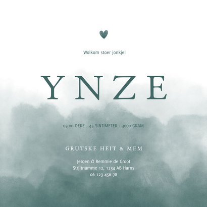 Geboortekaartje waterverf met hartje petrol blauw Fries 3