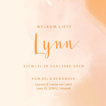 Geboortekaartje waterverf roze en peach 3