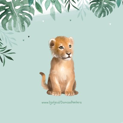 Geboortekaartje welpje leeuw jungle bladeren illustratie 2