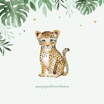 Geboortekaartje welpje luipaard jungle bladeren illustratie 2