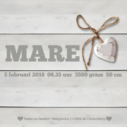 Geboortekaartje whitewash hartje 3