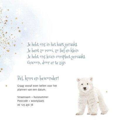Geboortekaartje winter ijsbeer watercolour blauw goudlook 2