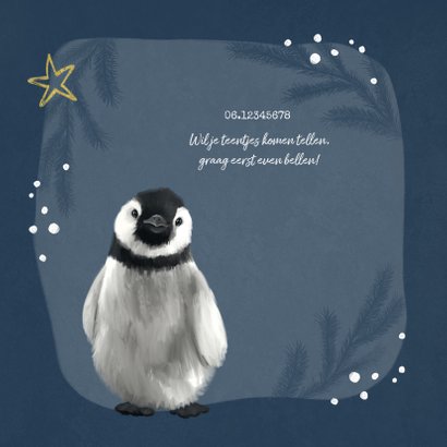Geboortekaartje winter pinguin goud sterren hartje 2