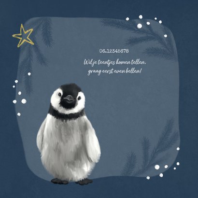 Geboortekaartje winter pinguin goud sterren hartje 2