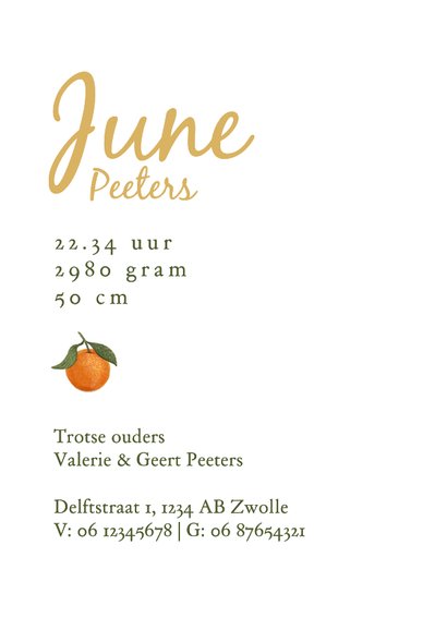 Geboortekaartje zomer meisje mandarijn hartjes goud fruit 3