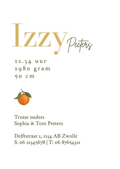 Geboortekaartje zomers mandarijn hartjes goud fruit 3