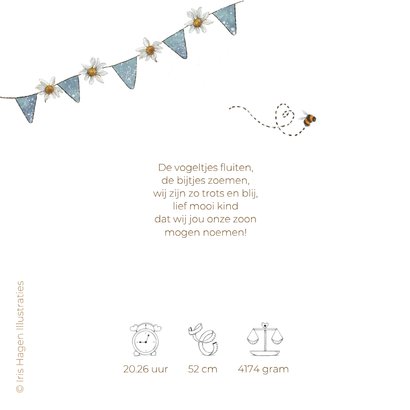 Geboortekaartje zoon met beertje en bijtje tussen de bloemen 2