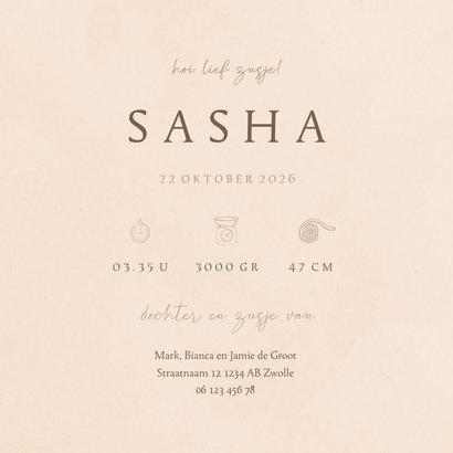 Geboortekaartje zus met illustratie baby in mandje 3