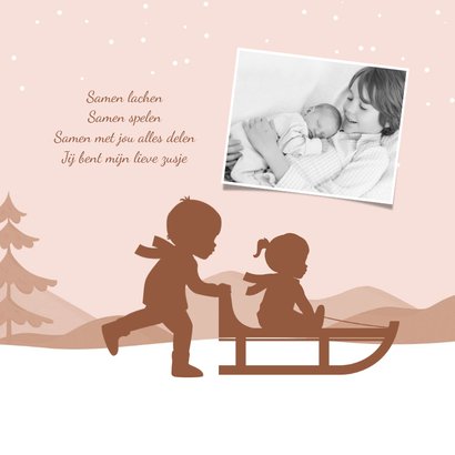Geboortekaartje zusje broer winter slee sneeuw silhouet maan 2