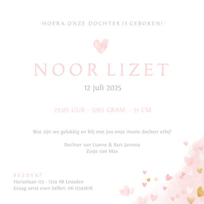 Geboortekaartje zusje en broer - waterverf met roze hartjes 3