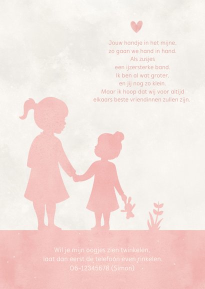 Geboortekaartje zusje met zus hand in hand in roze 2