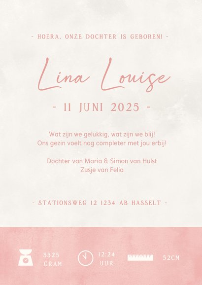 Geboortekaartje zusje met zus hand in hand in roze 3