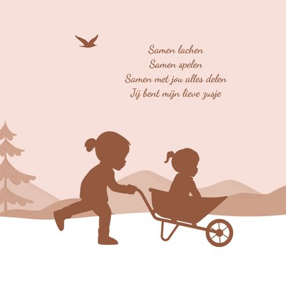 Geboortekaartje zusje silhouetjes kruiwagen natuur bomen 2