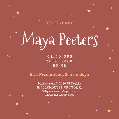 Geboortekaartje zusje uilen familie dieren maan ster Achterkant