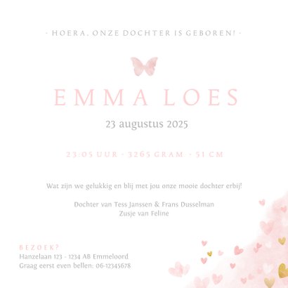 Geboortekaartje zusje - waterverf met roze en gouden hartjes 3