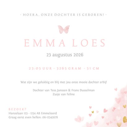 Geboortekaartje zusje - waterverf met roze en gouden hartjes Achterkant