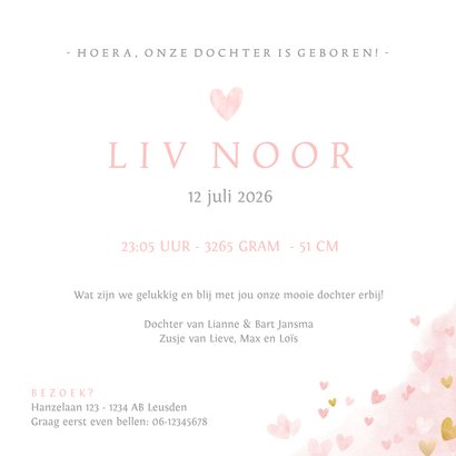 Geboortekaartje zusjes en broertje waterverf roze hartjes 3