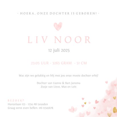 Geboortekaartje zusjes en broertje waterverf roze hartjes 3