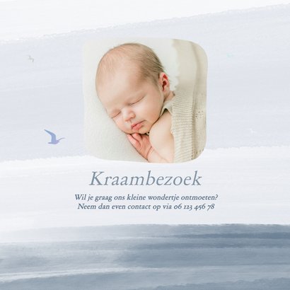 Geboortekaartjes blauwe waterverf met folie vogeltjes 2