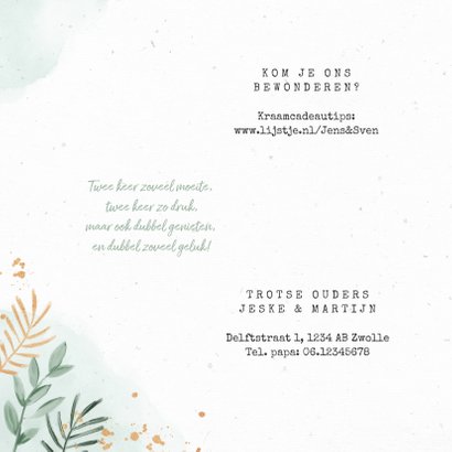 Geboortekaartjes tweeling giraf dieren botanisch goud 2