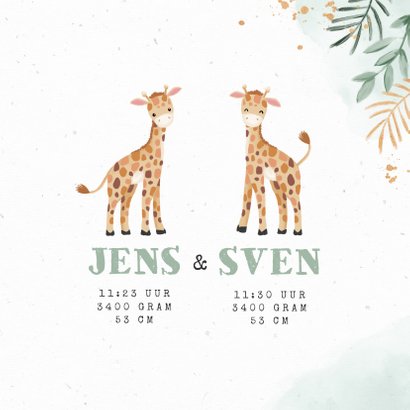 Geboortekaartjes tweeling giraf dieren botanisch goud 3