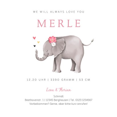 Geburtskarte Elefant mit Herzchen rosa Foto innen 3