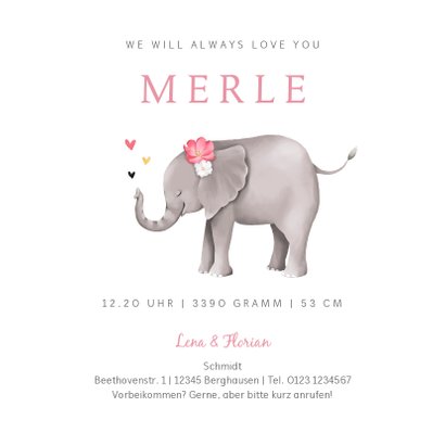 Geburtskarte Elefant mit Herzchen rosa Foto innen 3