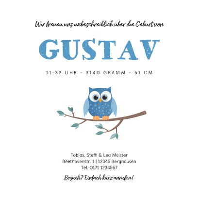Geburtskarte Eulenfamilie Blaue Eule Kaartje2go