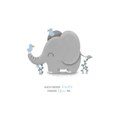 Geburtskarte kleiner Elefant blau mit Vögeln 2