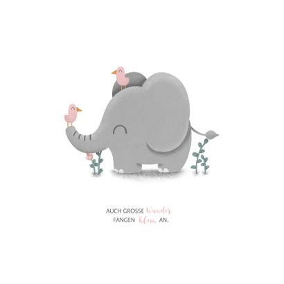 Geburtskarte kleiner Elefant rosa mit Vögeln 2