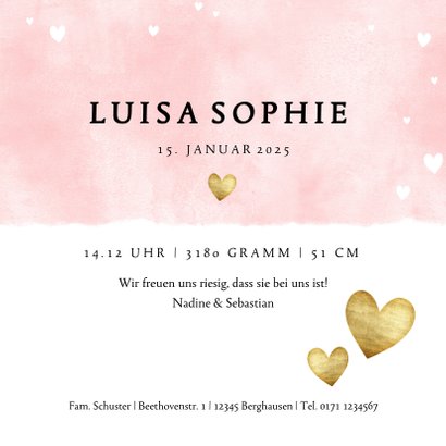 Geburtskarte mit Fotos Auqarelloptik mit Herzen rosa 3
