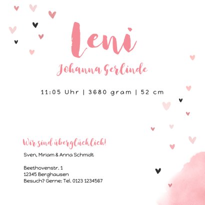 Geburtskarte Wasserfarbe & Herzen Foto rosa innen 3