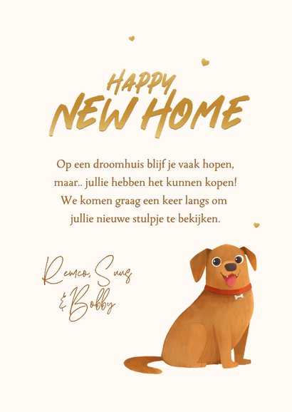 Gefeliciteerd met droomhuis voordeur hond hartjes new home 3