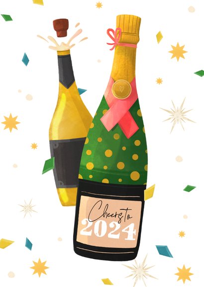 Geïllustreerde nieuwjaarskaart champagne sterren confetti 2